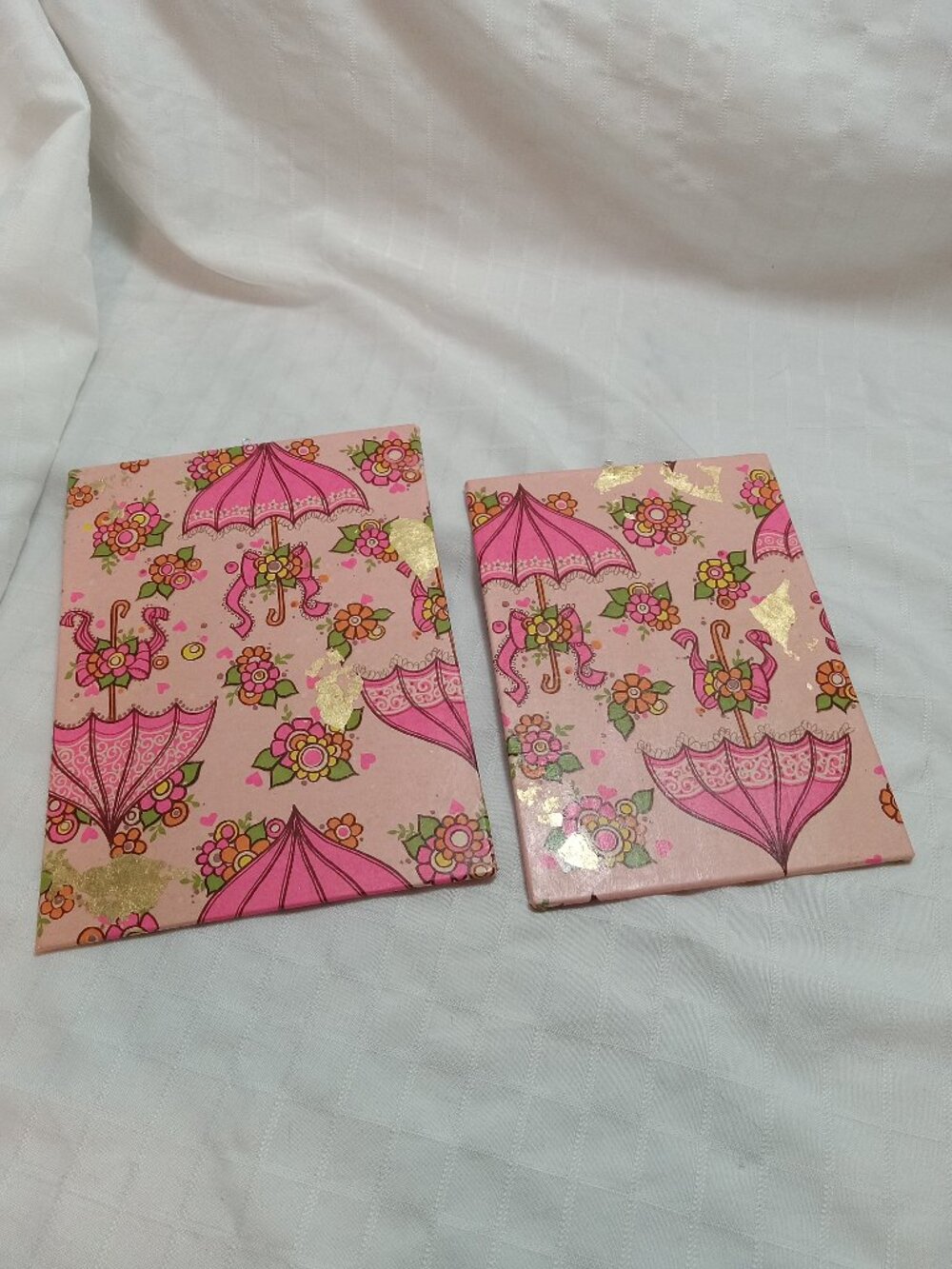 A set of handmade canvas for a baby's room, made of thin vintage wrapping paper